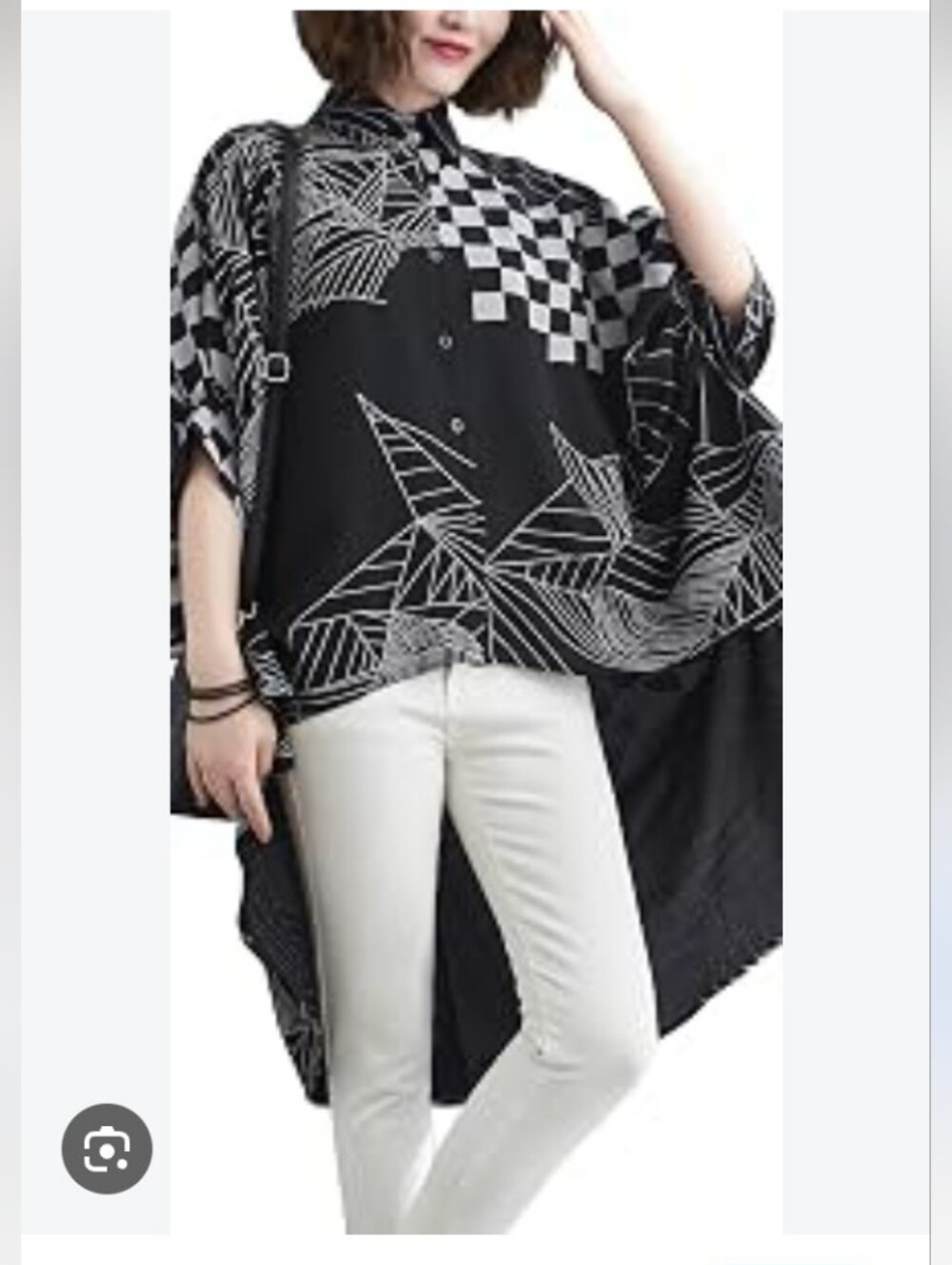 Ellahzu Black & White Geometric Button-Down Irregular Hem High/low Art Oversized